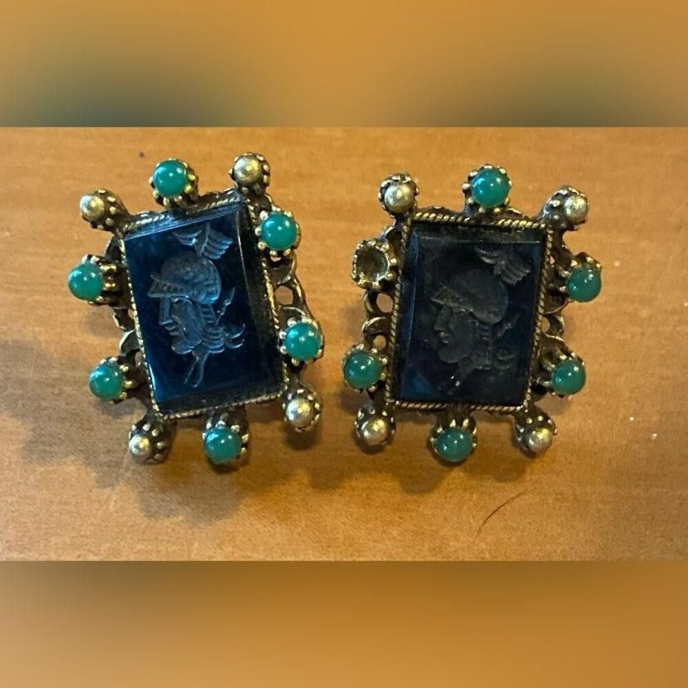 Vintage Brass Soldier Cameo Intaglio Green Onyx Stud Earrings Screw Back 1 Inch